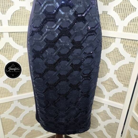 Connected Apparel Navy Blue Sequin Cap Sleeve Sheath Dress Size 14 - Picture 6 of 11